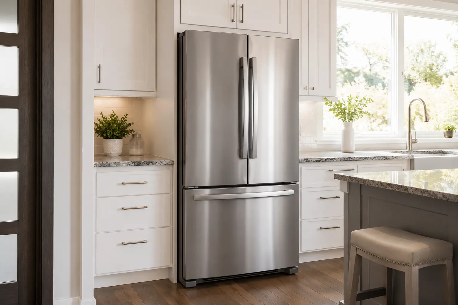 Stainless steel refrigerator in a bright home kitchen