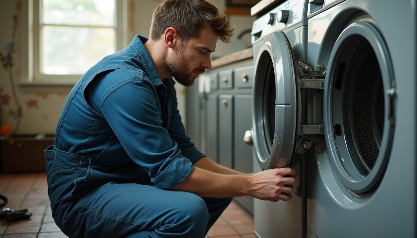 Appliance repair service technician at work