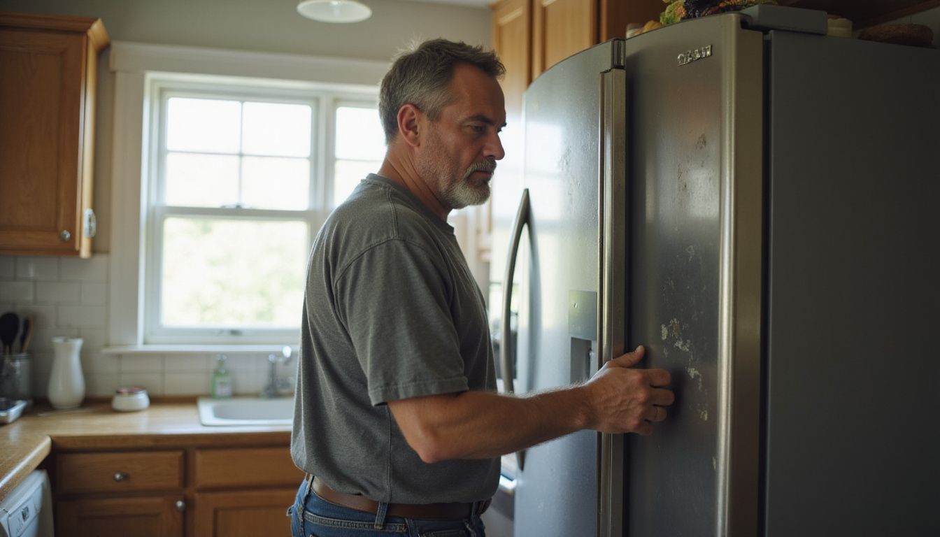 Homeowner checking an older fridge in a small kitchen filled with everyday items, deciding on repair help.