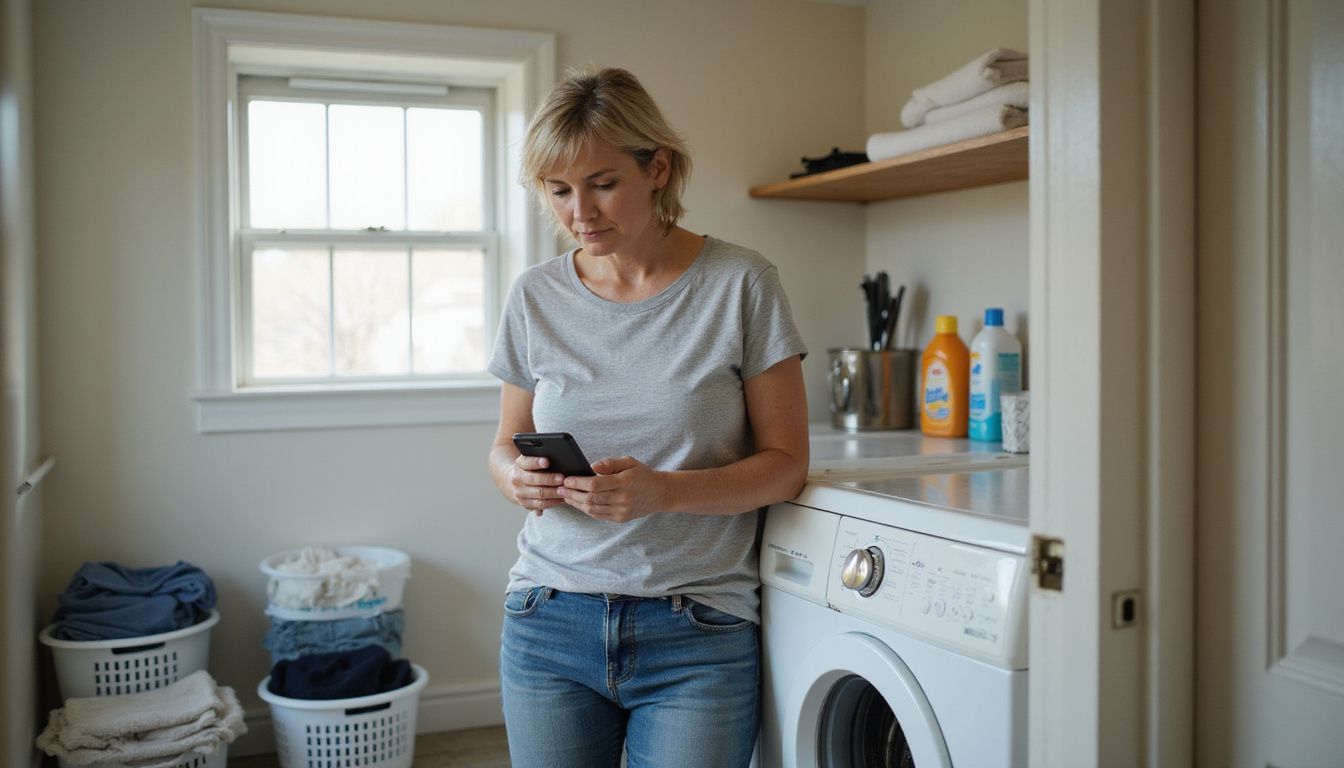 Woman in a laundry room checking her phone beside a dryer and laundry baskets, searching for local repair help.