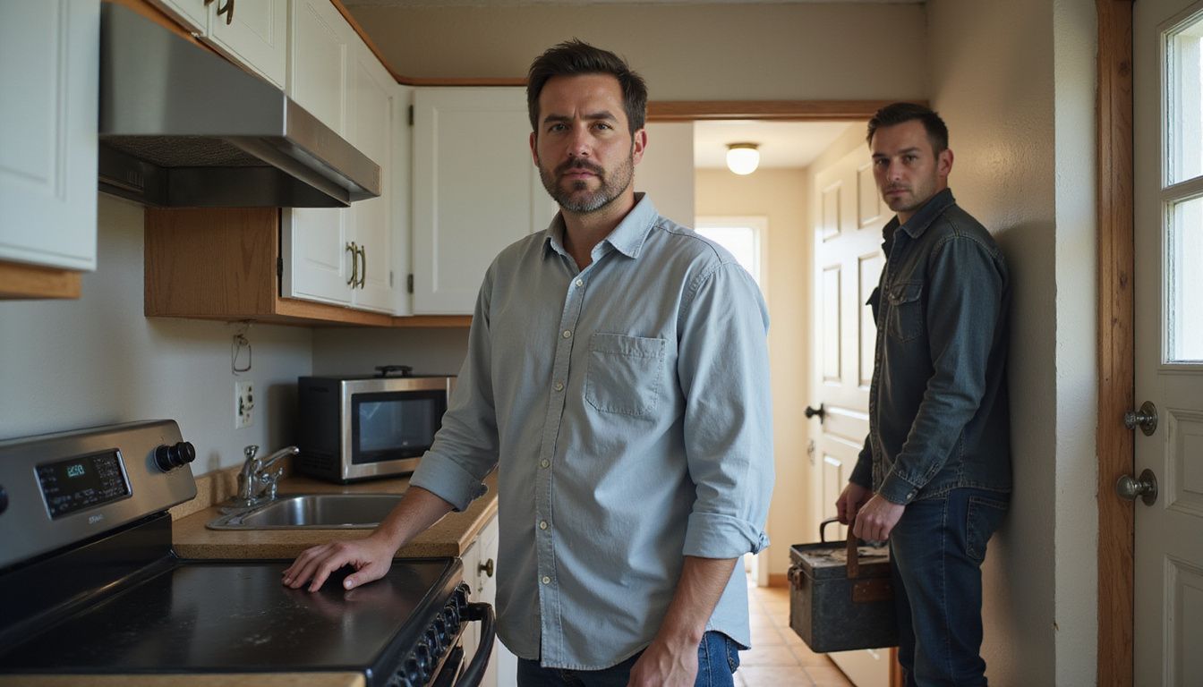 Two technicians inspecting a faulty oven in a small kitchen.