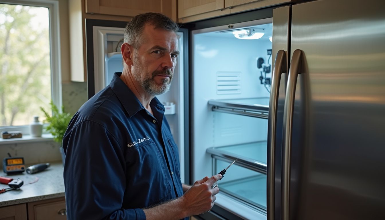 A focused man in uniform inspects a Sub-Zero refrigerator's interior for repairs in a modest kitchen. A focused man in uniform inspects a Sub-Zero refrigerator's interior for repairs in a modest kitchen.