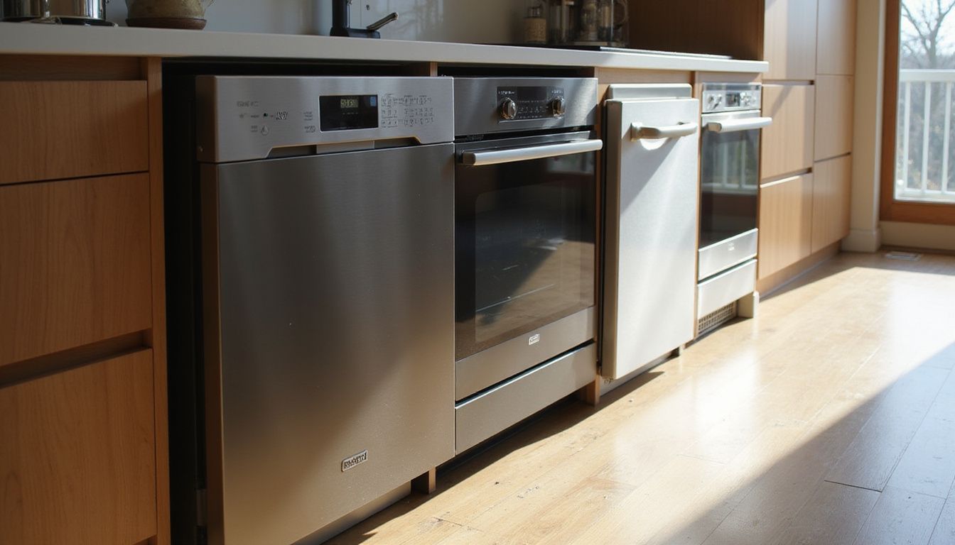 A modern kitchen showroom displays a variety of sleek dishwashers with different finishes and designs for comparison.