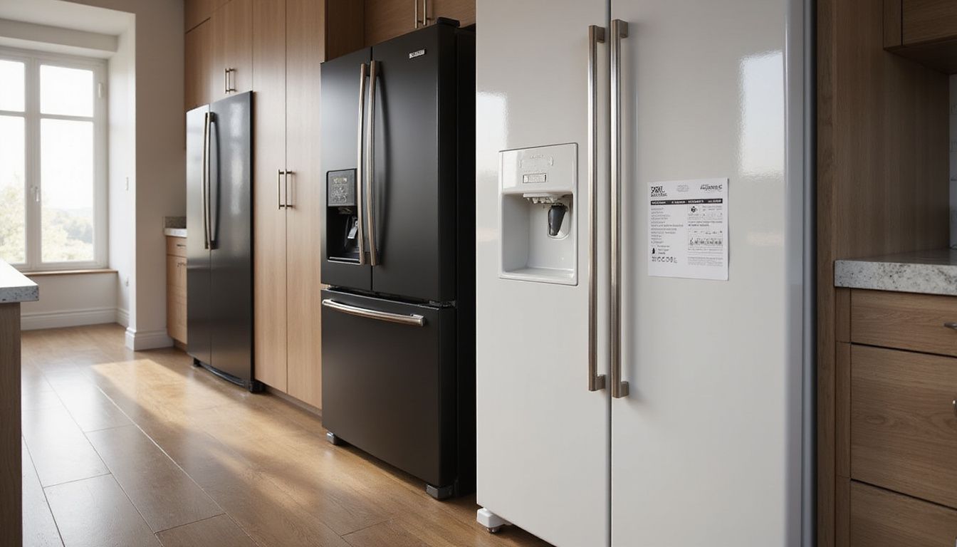 A modern kitchen features various stylish refrigerators on polished hardwood floors, showcasing sleek finishes and energy rating labels.