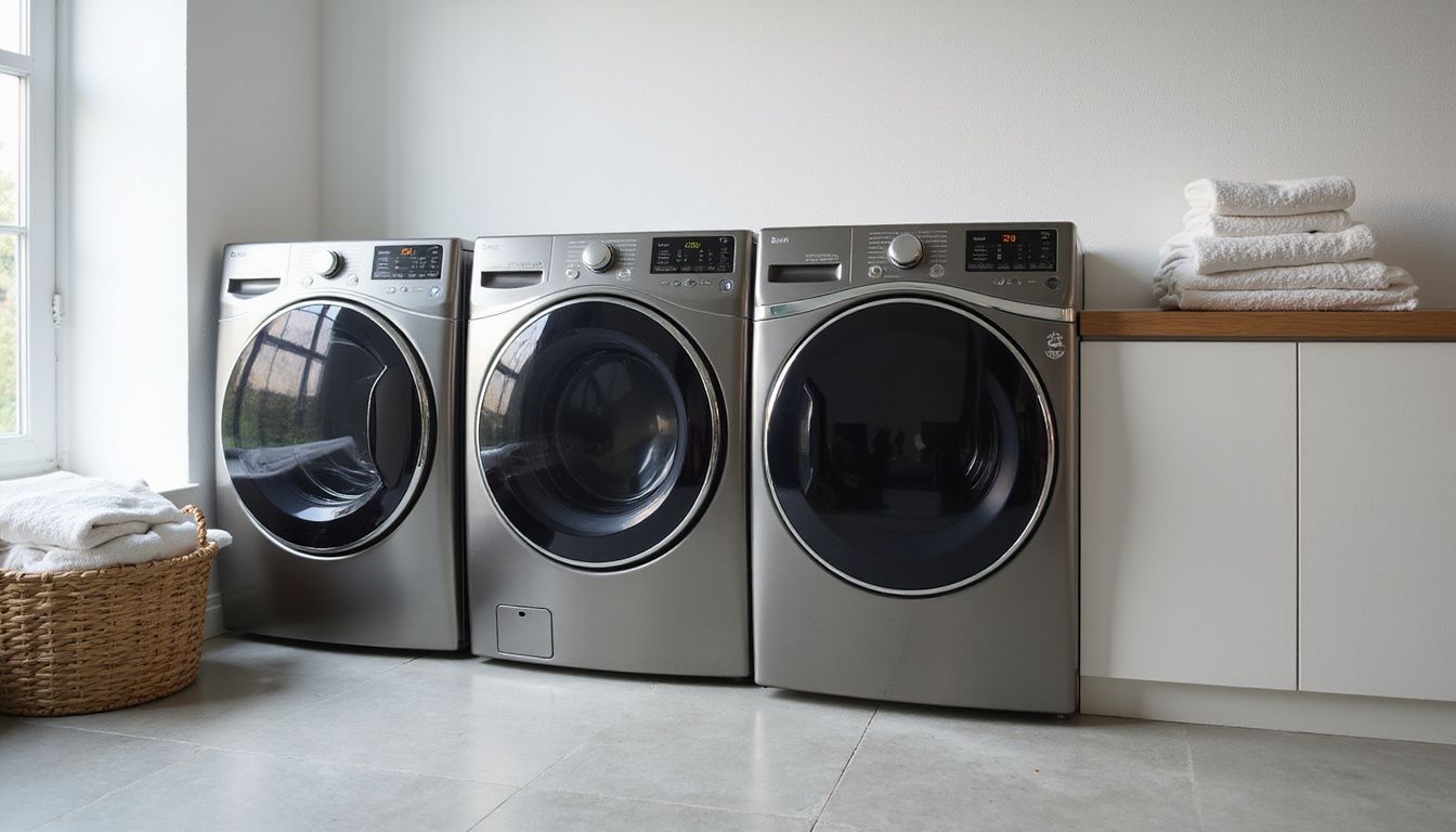 A modern laundry room features sleek washing machines, a wooden countertop, and a basket of neatly folded fabrics.