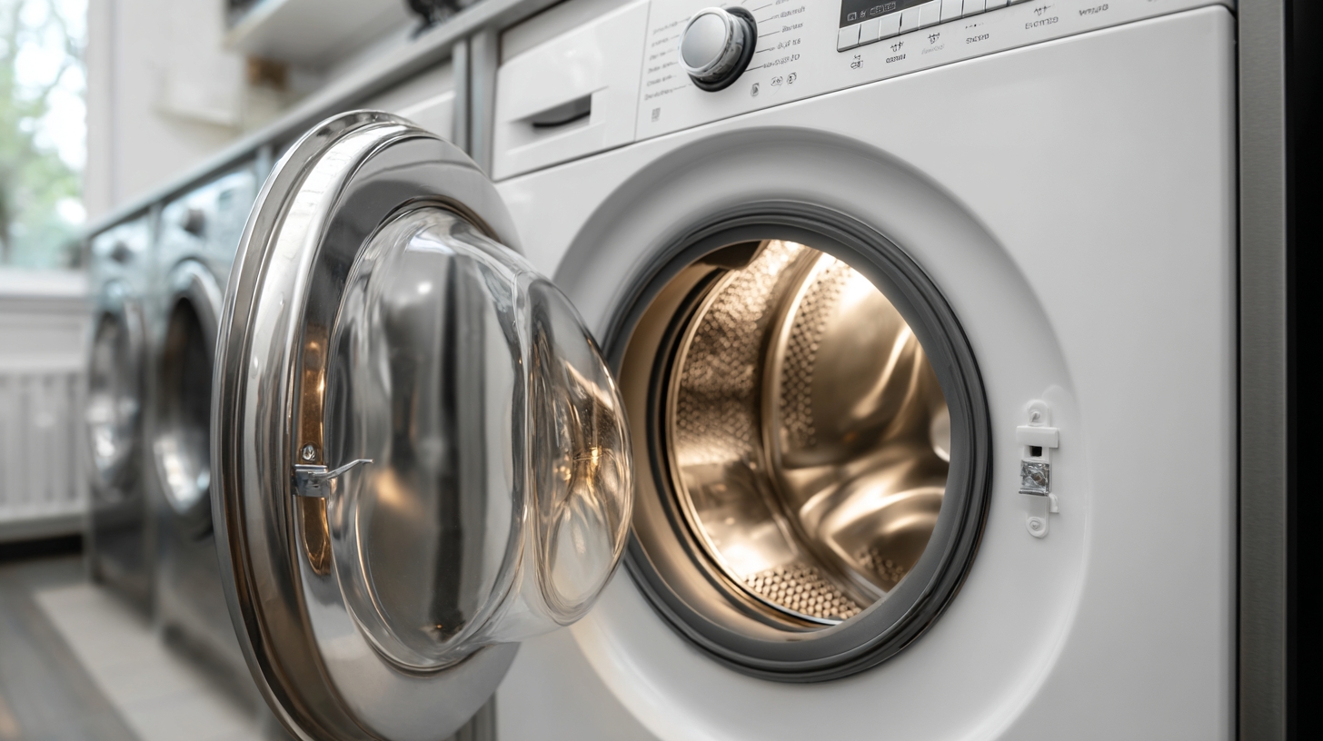 a modern washing machine samsung style next to a dryer in a laundry room