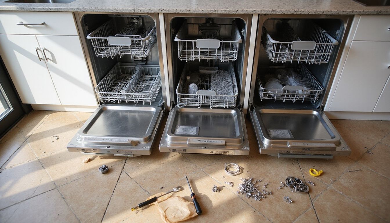 A modern kitchen showcases open dishwashers, repair tools, and signs of ongoing maintenance, creating a quiet and focused atmosphere.
