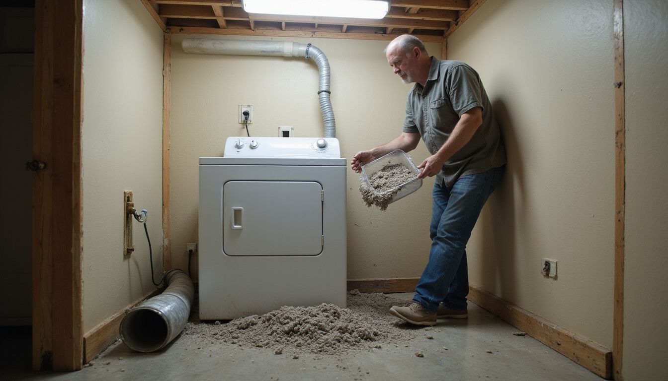 A middle-aged man inspects a clogged dryer vent in a cramped, neglected laundry room filled with lint and moisture damage.