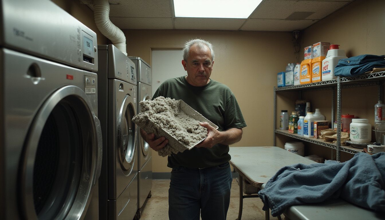 A concerned middle-aged man examines a clogged lint trap in a cluttered laundry room filled with wrinkled clothes and cleaning supplies.