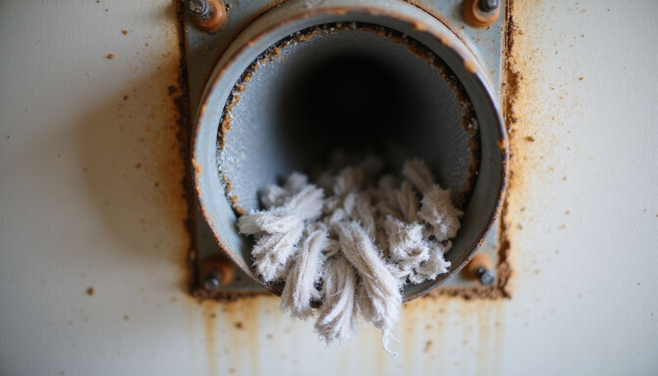 The image depicts a dangerously clogged dryer vent filled with lint, rust, and scorch marks indicating thermal damage.