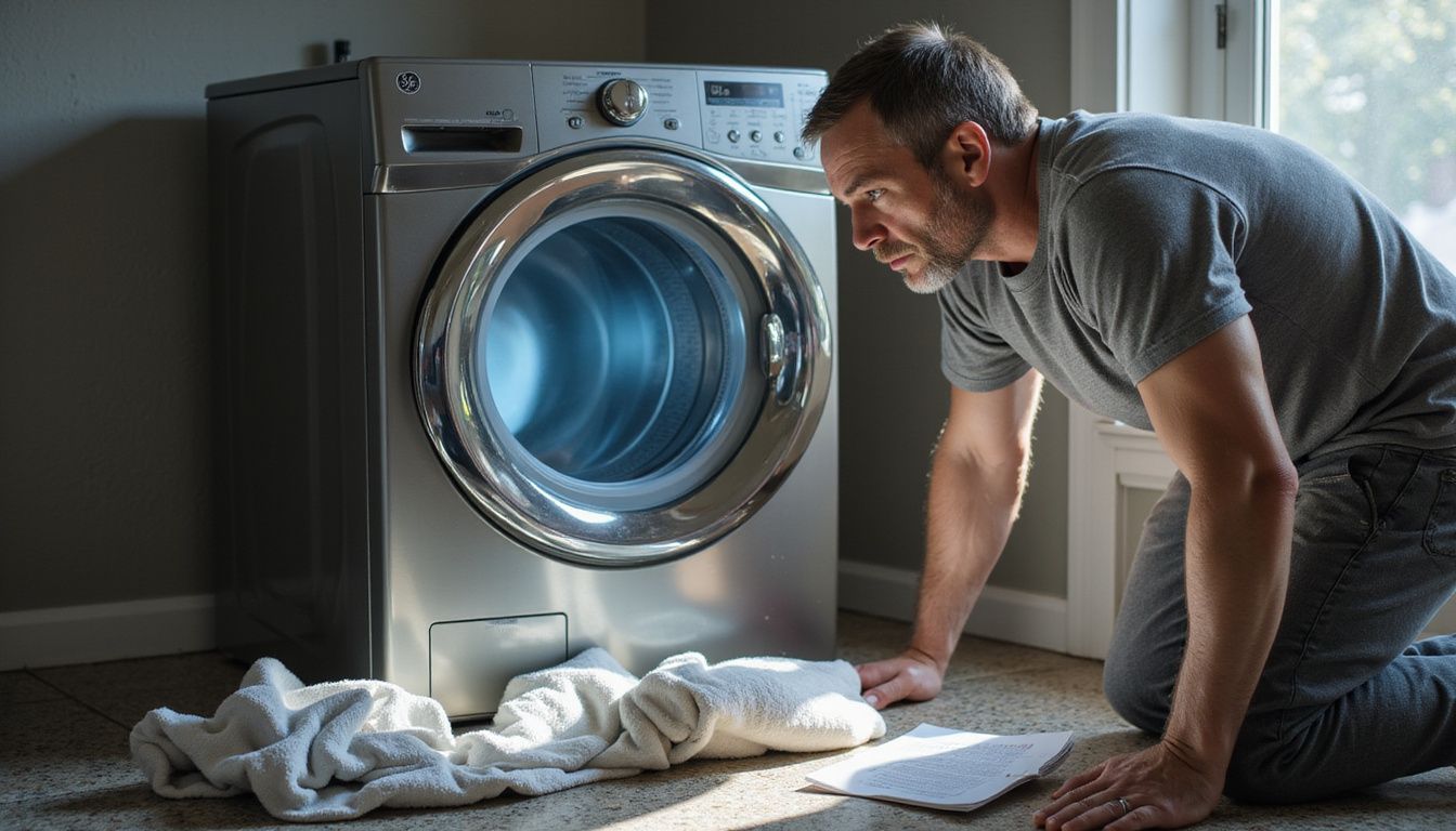 A middle-aged man intensely examines a stainless steel dryer, surrounded by crumpled laundry and an open instruction manual.