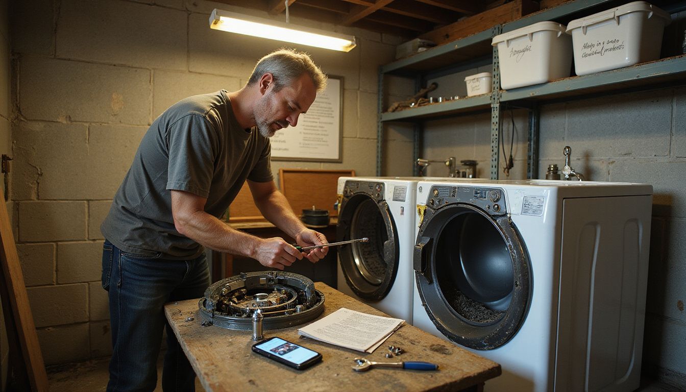 A middle-aged man repairs a worn Kenmore dryer in a cluttered basement laundry room, focused on his task.