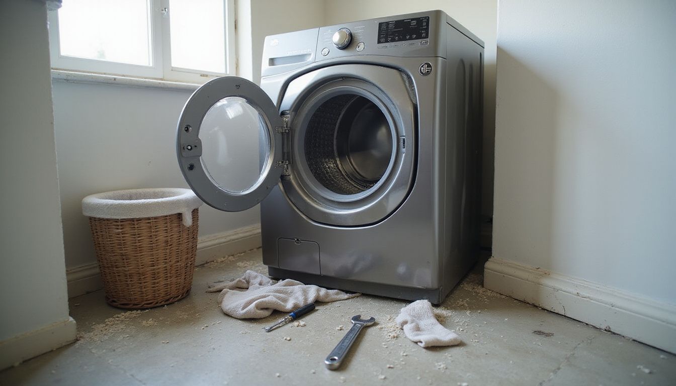 A cluttered laundry room features an open dryer revealing lint, surrounded by tools, damp fabrics, and signs of wear.