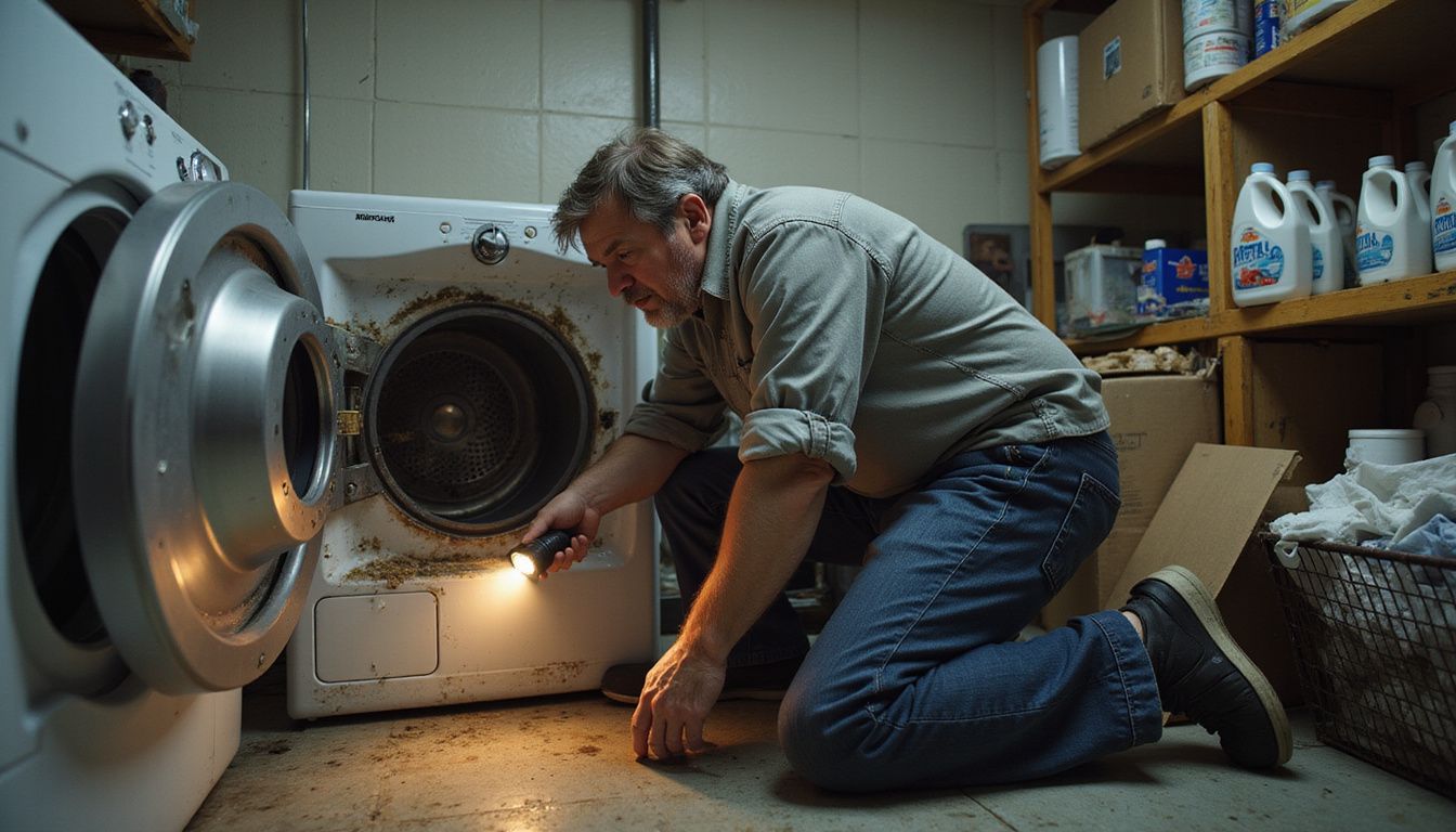 A middle-aged man inspects a Maytag dryer, revealing signs of wear and accumulated lint in a cluttered laundry room.