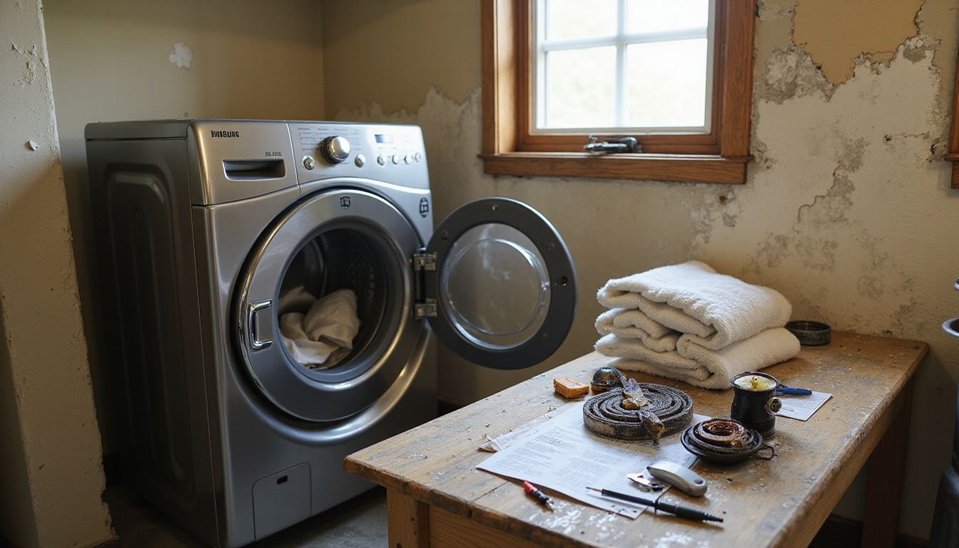 A Samsung dryer in a worn laundry room showcases damp fabrics and organized repair components on an aged workbench.