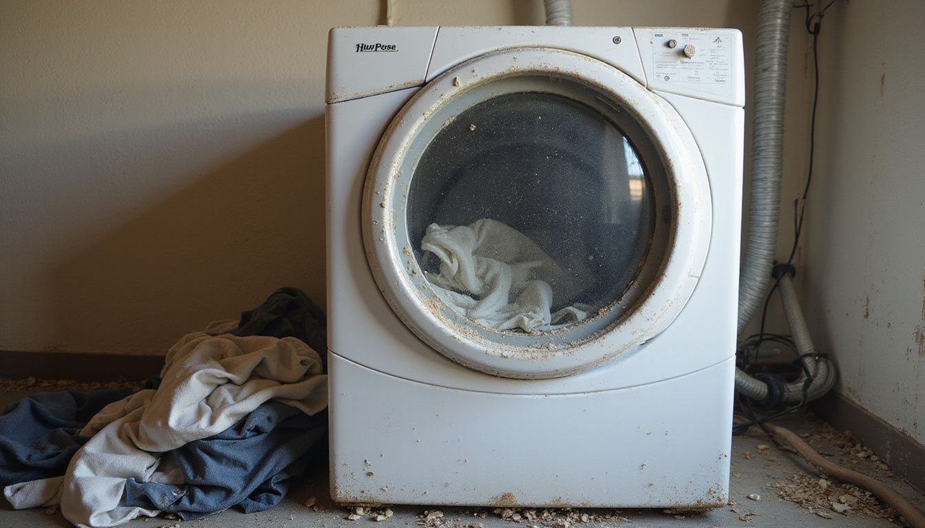 A worn Whirlpool front-load dryer shows dust, lint buildup, and disorganized laundry in a neglected laundry space.