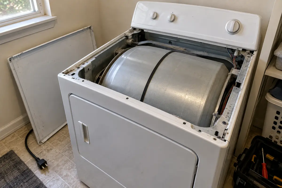 Illustration of the outside of a dryer drum and drive belt with the top cover removed.