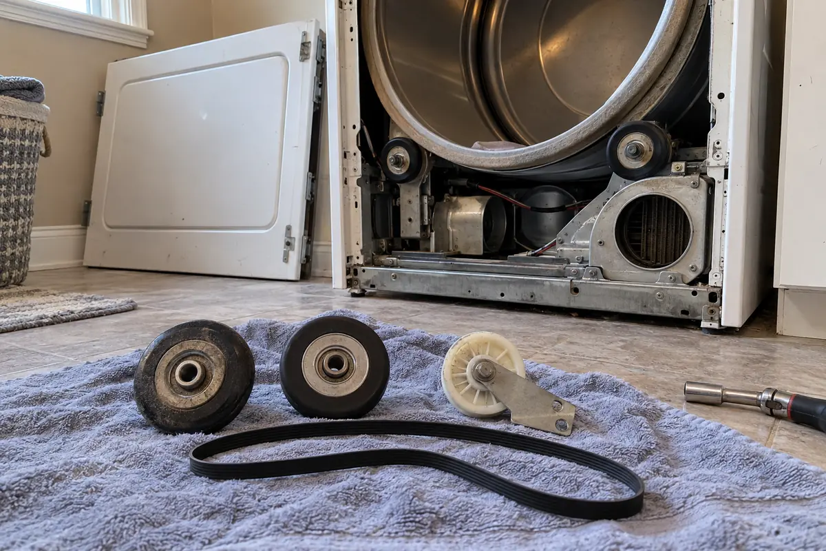 Illustration of drum-support rollers, an idler pulley and a belt beside a dryer under service.