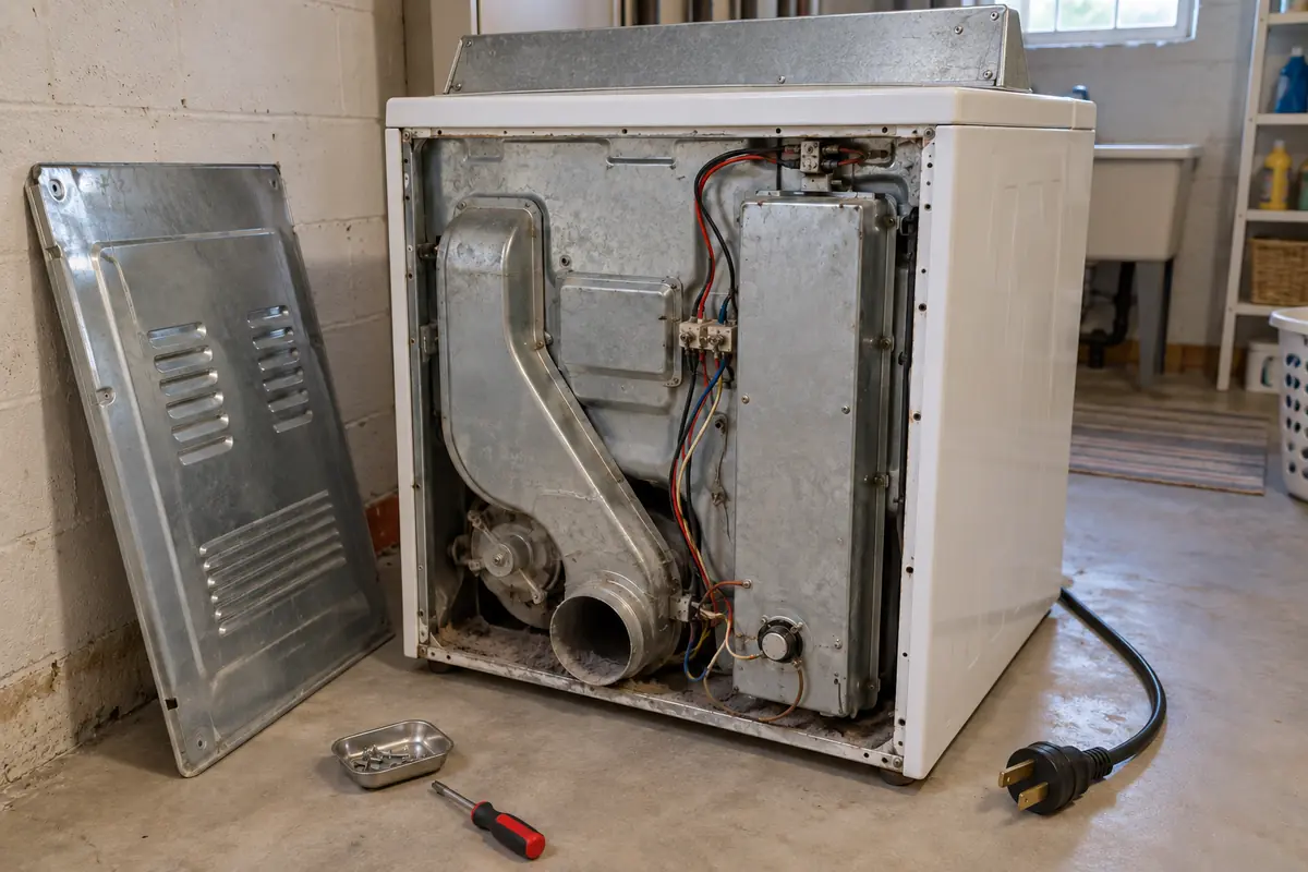 Illustration of an unplugged electric dryer with the rear service panel removed.