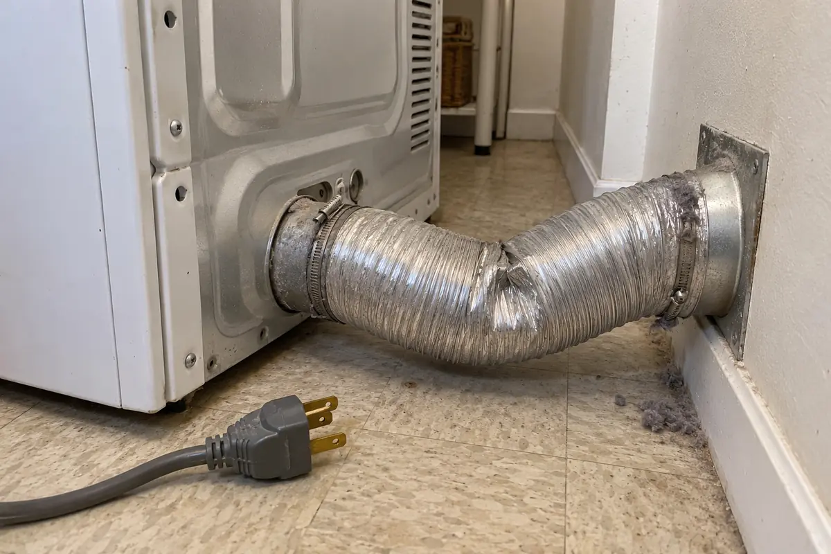 Illustration of a compressed metal transition duct behind a clothes dryer.