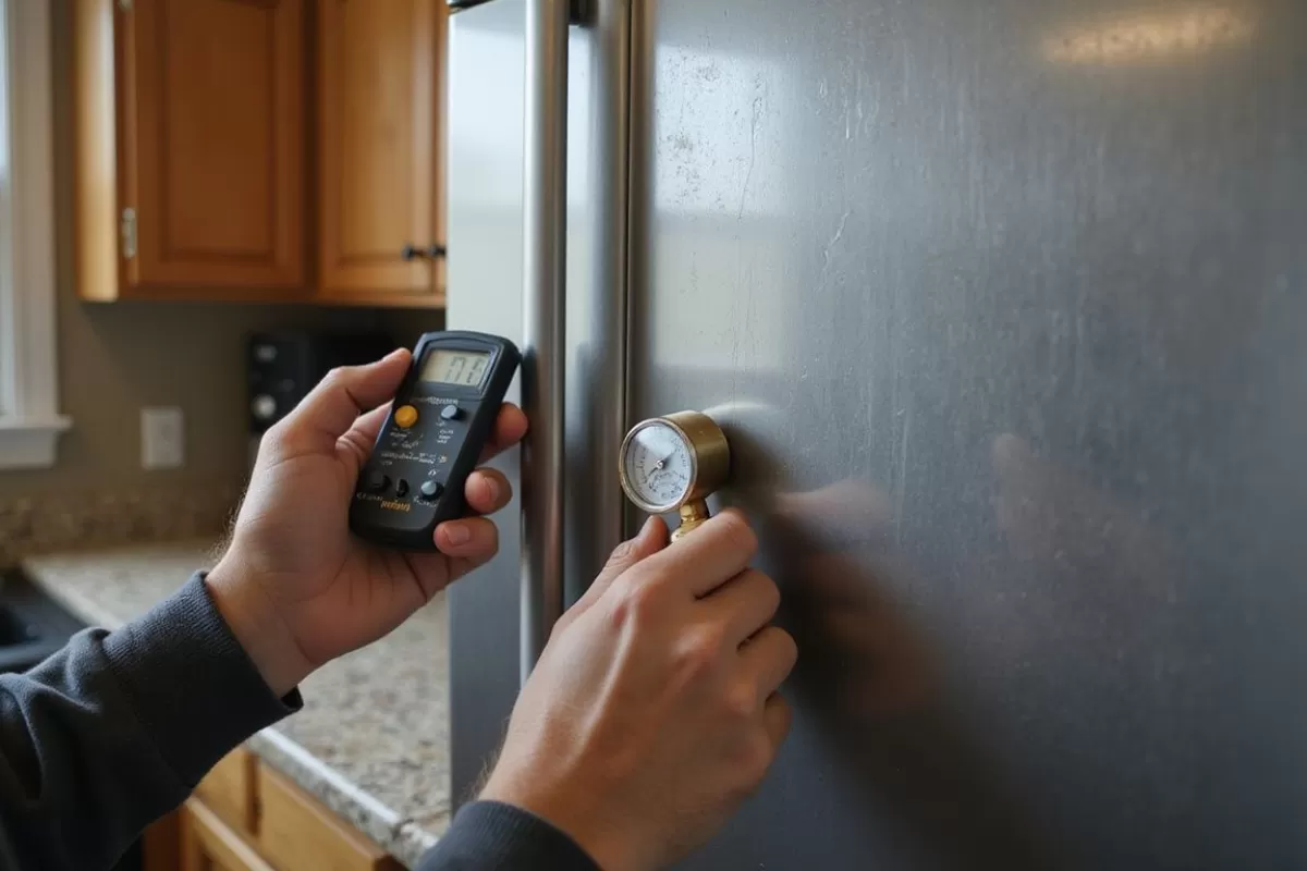 Technician checking the surface of a refrigerator with a handheld diagnostic instrument