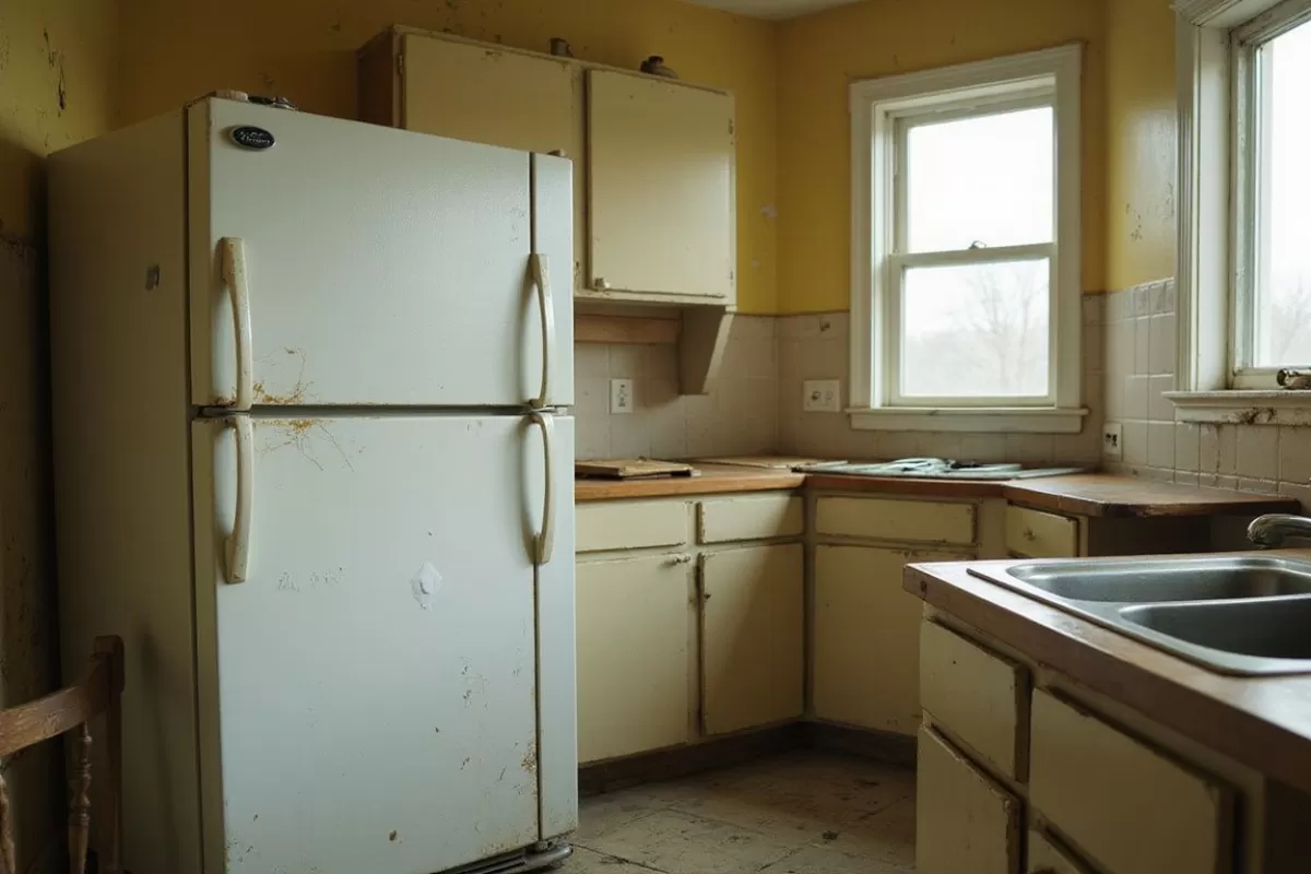 Freestanding refrigerator in a home kitchen where floor leaks may become noticeable