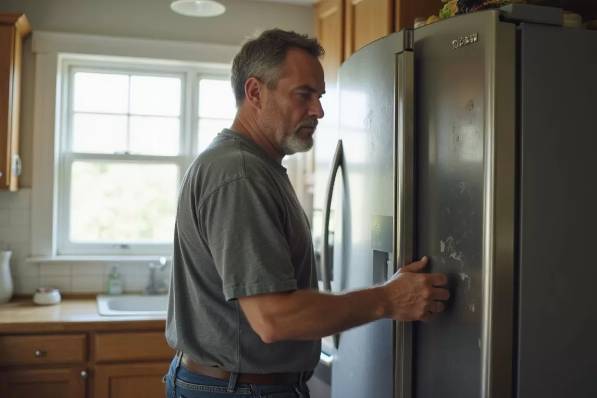 Technician inspecting a stainless-steel refrigerator in a residential kitchen
