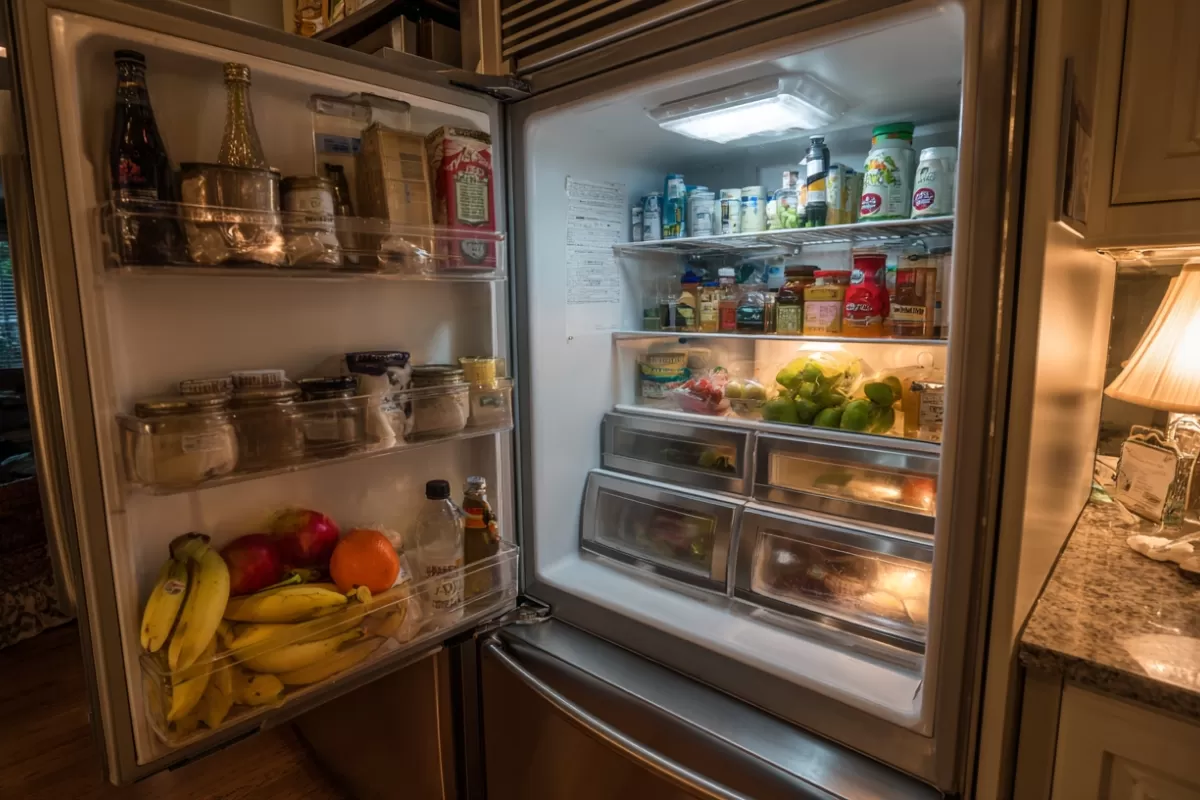 Open refrigerator compartment in a residential kitchen during cooling inspection