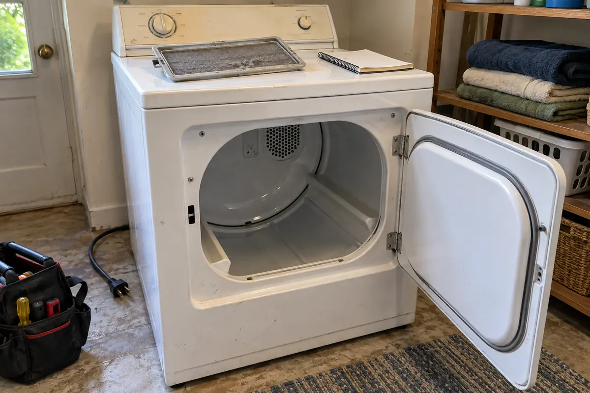 Illustration of an older white clothes dryer with the door open and a tool bag nearby.